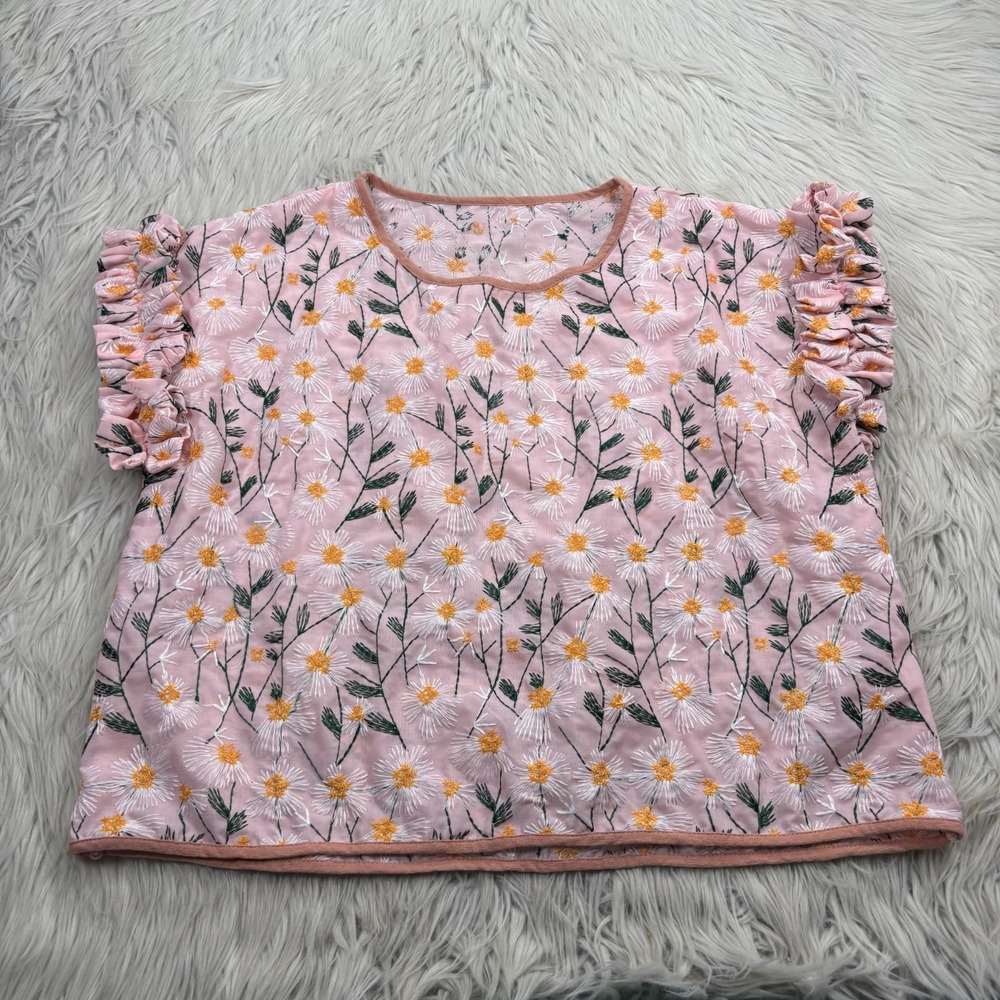 Unbranded Women's S M Pink All Over Floral Embroidered Top Ruffle Sleeve Boho